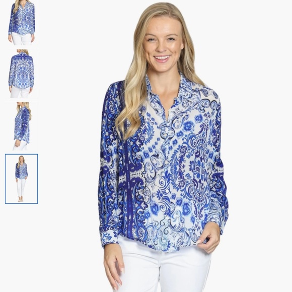 Apny Tops - APNY Damask Print Roll Tab Sleeve Button-Up Shirt, sise XS